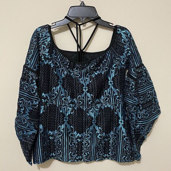 Y2K Sheer Floral Top Lace Print Fairy Witchy Whimsigoth Size Small S Teal Black - Picture 6 of 11